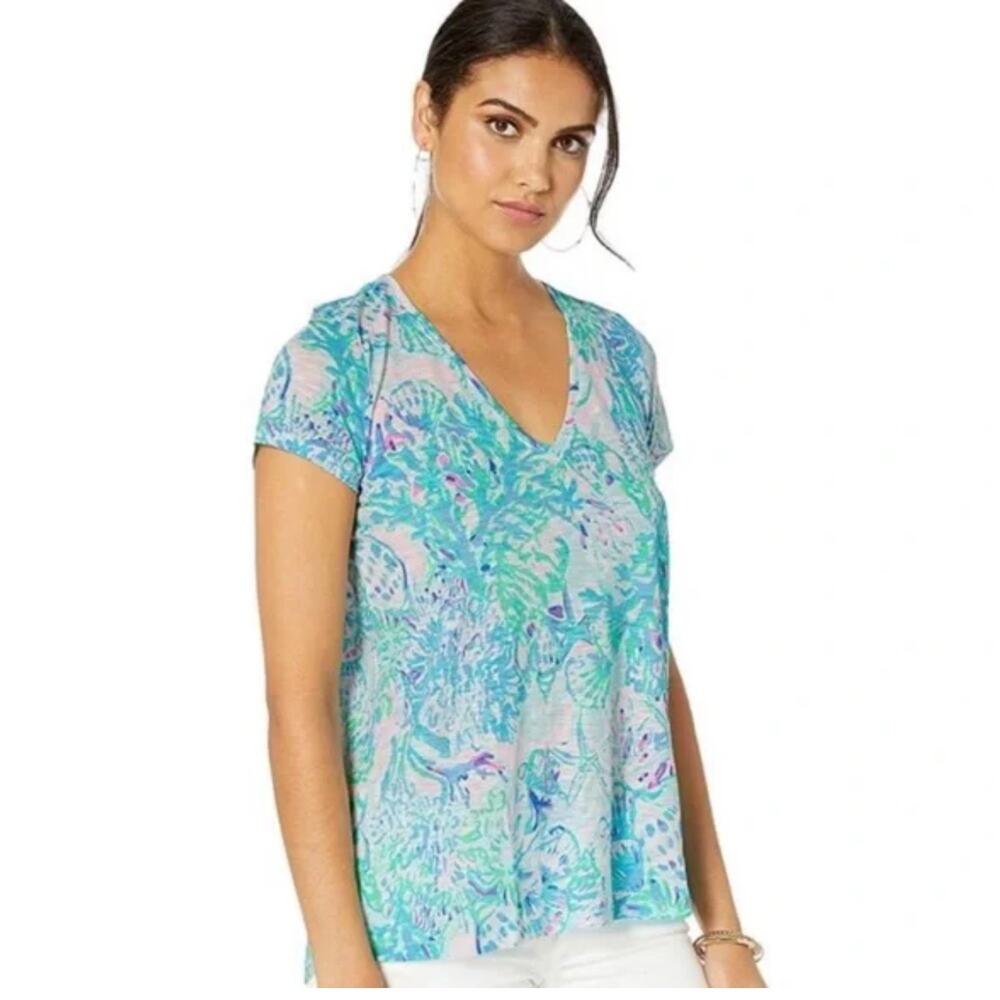 Lilly Pulitzer Womens Top Sz S Etta V-Neck Cotton Tee Amethyst Tint Craysea